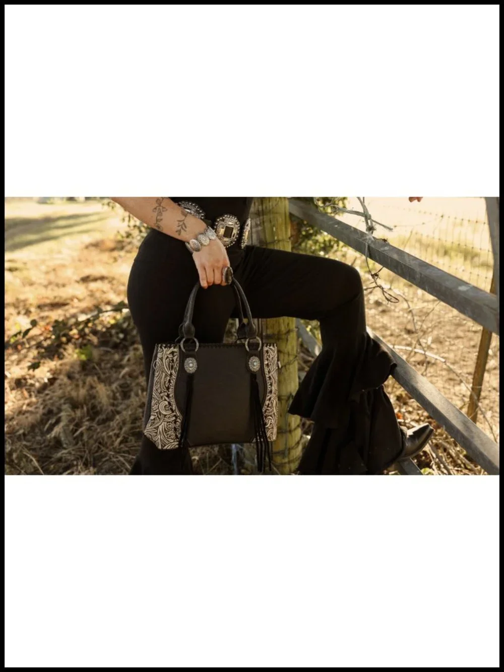 Vegan Leather Floral Tooled Concho Tote Bag with Detachable Strap and Tassels
